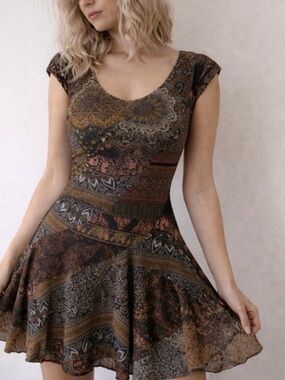 Desigual Patchwork Boho‎ Fit and Flare Tiered Dress S Multicolor Boho Festival